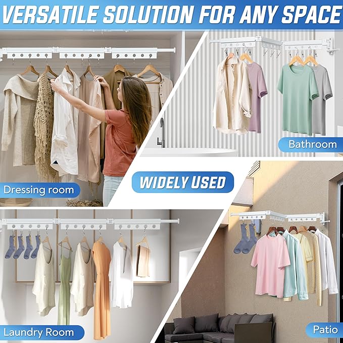 Clothes Drying Rack Wall Mounted, Retractable Space-Saving Foldable Laundry Drying Rack for Indoor & Outdoor Use - Laundry Rooms, Bathroom & Balconies,Includes 10 Clothespins(White)