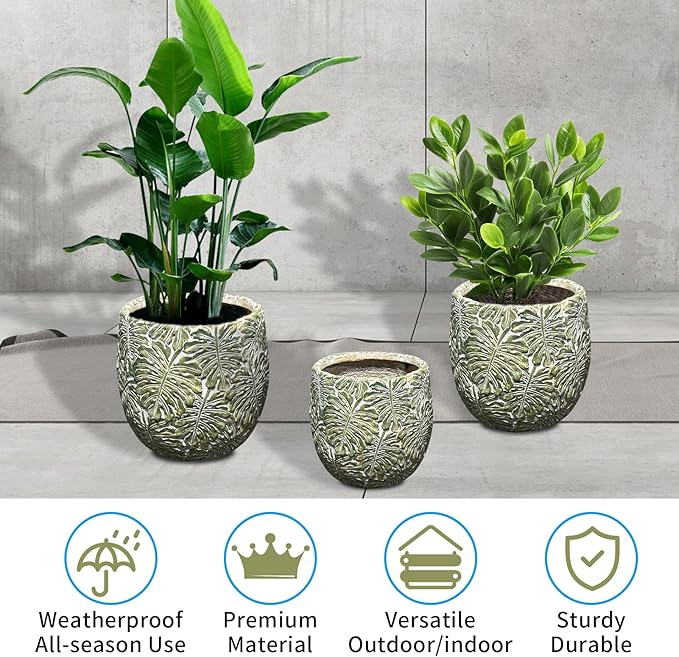 Craft flowerpots 18"+13"+19" Dia Round Concrete Planter Set of 3 Large Outdoor/Indoor Planter Pots Containers with Drainage Holes and Rubber Plug for Home Garden (Green, Large)