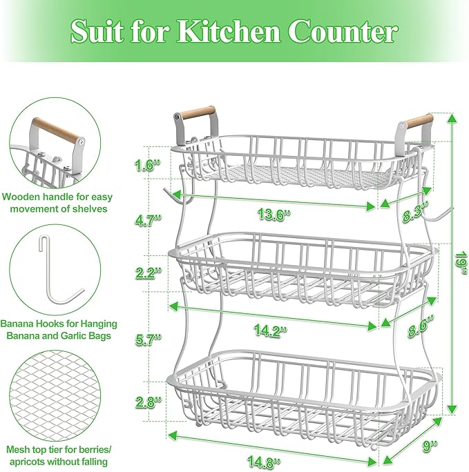 3 Tier Fruit Basket with 2 Banana Hooks, Large Capacity Multifunctional Detachable Sturdy Fruit Bowl with Wooden Handle Mesh Top for Kitchen Counter, for Bread Snacks Vegetables Produce, White