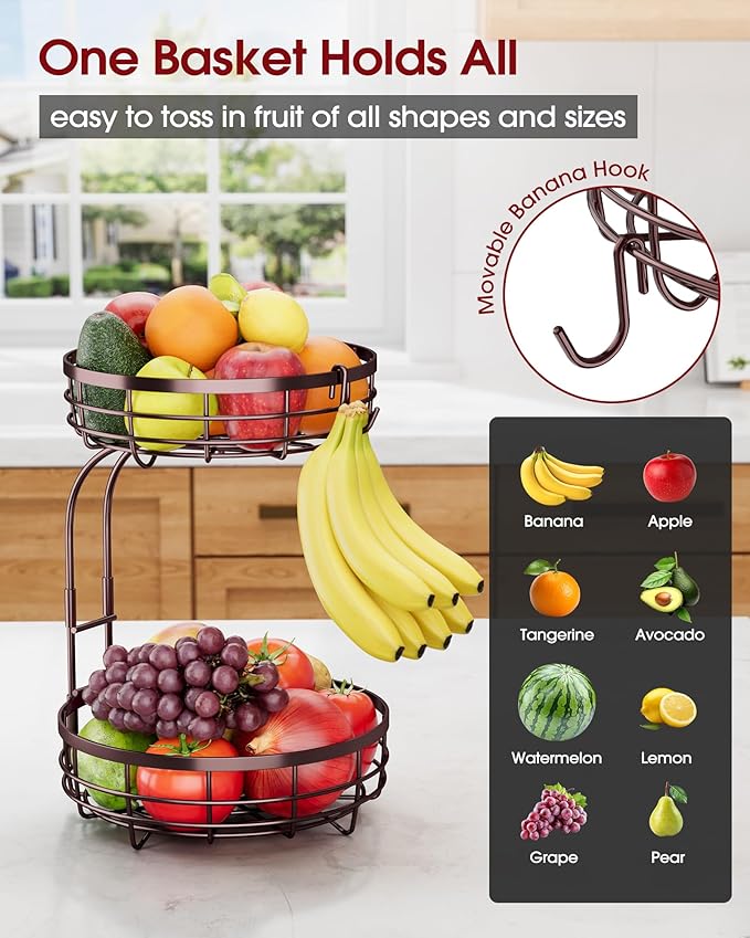 Fruit Basket for Kitchen Counter - 2-Tier Large Capacity Fruit Bowl with Detachable Banana Hanger, Rust-Proof Metal Fruit Holder for Vegetables, Bread, Toiletry,10" D x 10" W x 14" H, Brown.