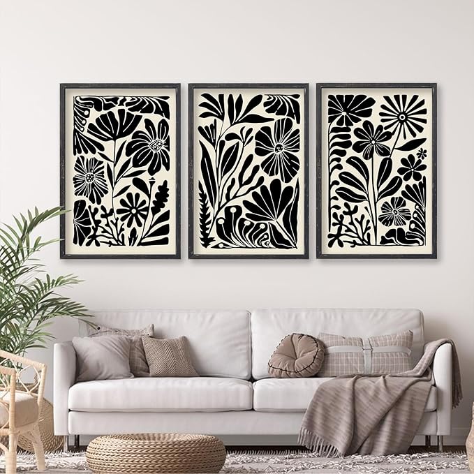 Abstract Floral Botanical Wall Art 16x24 Inch 3 Piece Black Vintage Boho Plant Flower Minimalist Wood Frame Sign Home Living Room Family Office Mid Century Print Wall Hanging Decor (Black)