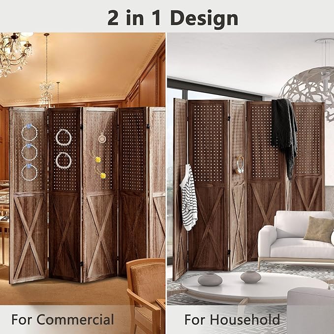 6 Panel Pegboard Room Divider, 5.6Ft Pegboard Display Folding Privacy Screens, Wood Room Divider Peg Board Display Freestanding for Trade Show Craft Show Home Wall Organizer, Brown