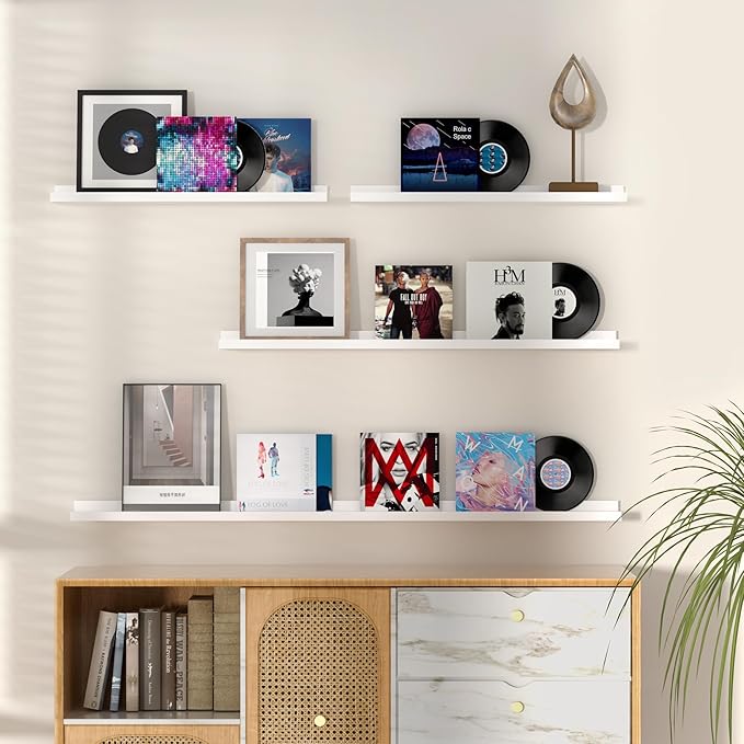 Fun Memories Picture Ledge Shelf, 48 Inch Floating Shelves Set of 2, Large Nursery Book Shelves for Toys Storage, Kids Bookshelf Wall Mounted for Wall Decor Books Photo Frames, White