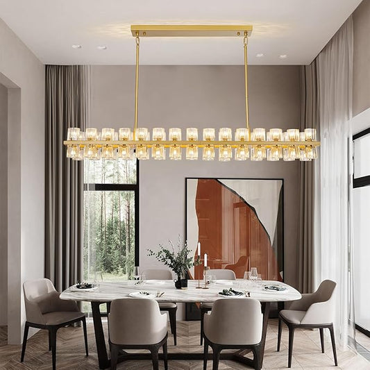 Crystal Brass Rectangle Chandeliers for Dining Room, 54in Gold Farmhouse Chandeliers for Dining Room, Modern Rectangle Crystal Chandelier for Kitchen Island Living Room, Includes 60XG4 Bulbs