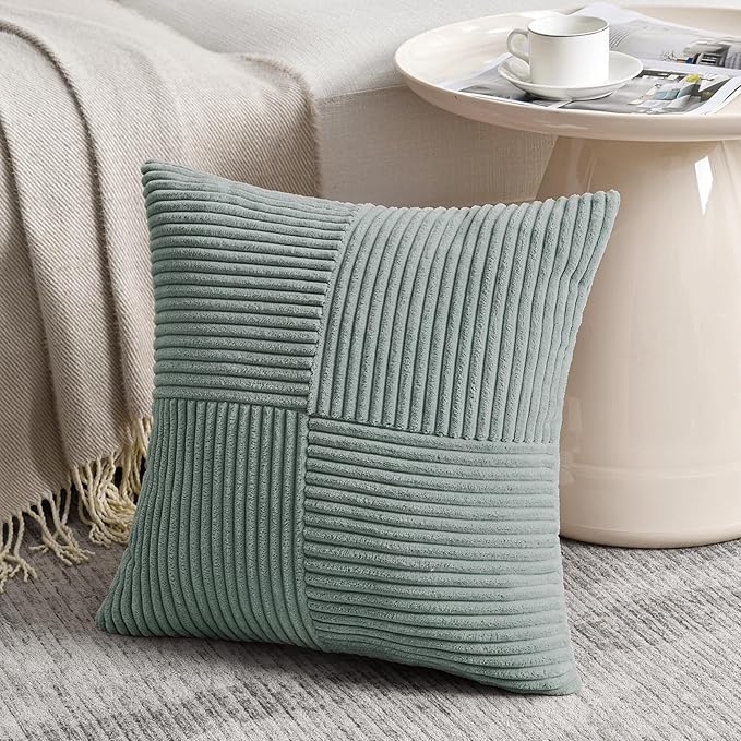 Fancy Homi 2 Packs Grey Blue Samll Decorative Throw Pillow Covers 14x14 Inch with for Couch Bed Sofa, Rustic Farmhouse Boho Home Decor, Soft Corss Patchwork Corduroy Square Cushion Case 35x35 cm