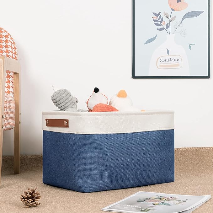 DULLEMELO Fabric Storage Bins, Foldable Storage Baskets for Organizing, Empty Gift Baskets (3-Pack Medium-15 inch X 11 inch X 9.5 inch , White&Blue)