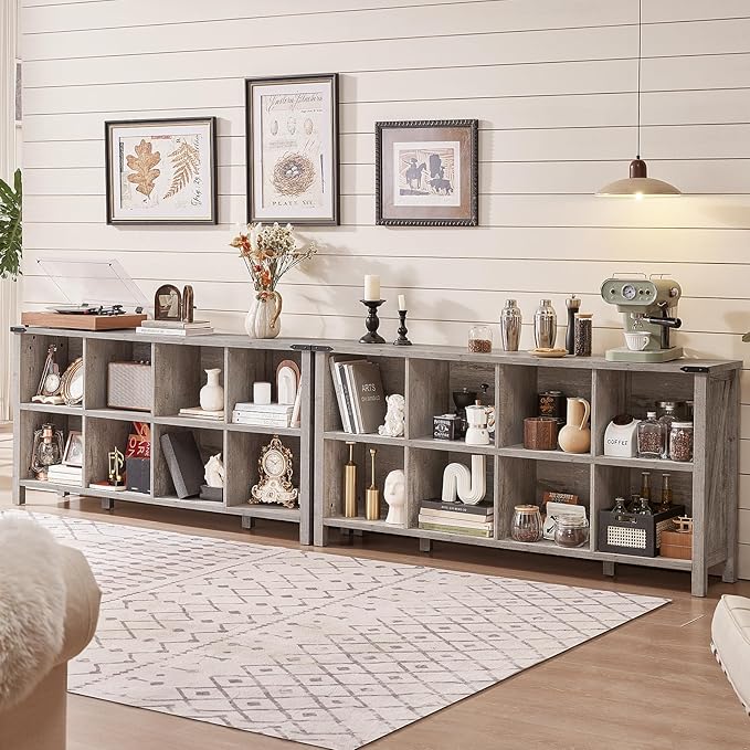 8 Cube Book Shelf, Farmhouse Wood Long Storage Organizer Bookcase, 62" Horizontal Grey Oak Console Closet Bookshelf, Hallway TV Stand for Entryway, Display Cabinet Book Case for Living Room