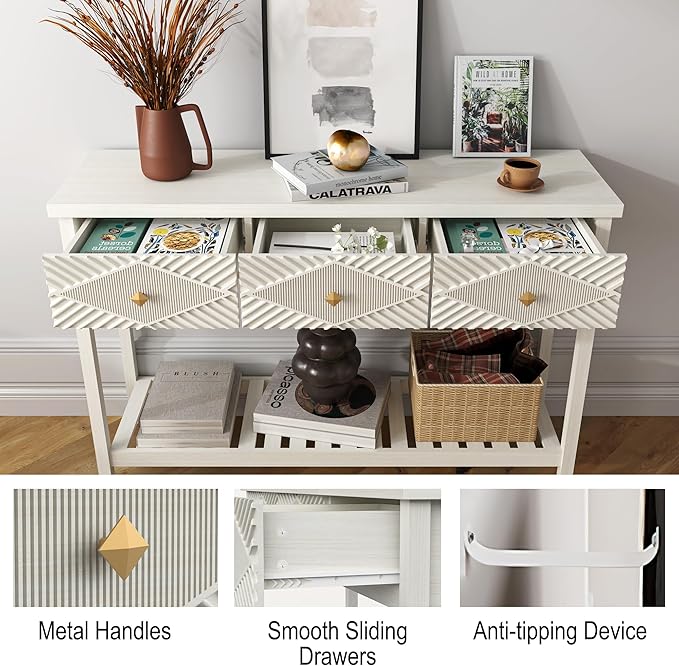 47" Fluted Console Table with 3 Drawers, Narrow Long Entryway Table with Storage Shelf, Sofa Tables for Entryway, Living Room, Behind Couch, Foyer, Hallway, Office (Beige)