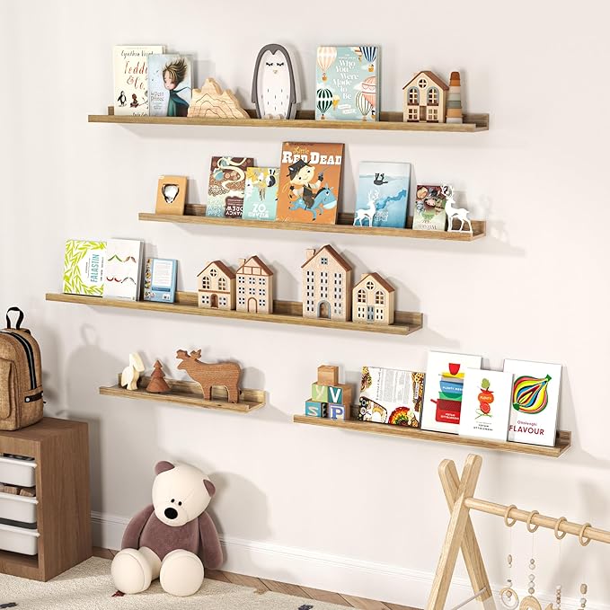 Floating Shelves for Wall, Picture Ledge Shelf 48 Inch Solid Wood Set of 2, Rustic Wall Shelves with Lip, Kids Bookshelf, Photo & Picture Live Edge Floating Shelves for Bedroom, Living Room, Kitchen