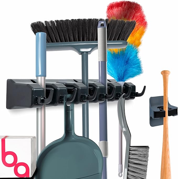 Combo 5 Slot Broom Holder w/ 1 Self Adhesive Mop Gripper No-Drilling, Wall Mount Tool Organizers For Kitchen, Garage, Laundry Room- Anti-Slip Hanger For Brooms, Mops, Rakes, Dustpans (Black / Black)