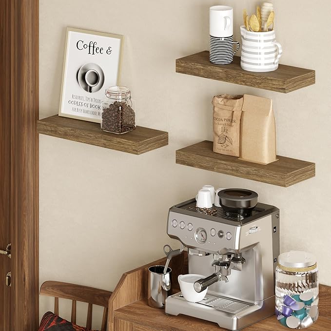 BAMEOS Floating Shelves, 16x6 Wall Mounted Wooden Shelves with Invisible Brackets Set of 3, Hanging Wall Shelves Decoration for Bedroom, Bathroom, Living Room and Kitchen