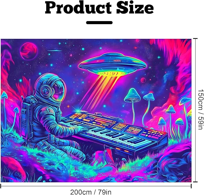 BVBOX Astronaut Space Blacklight Tapestry 79"x59", UV Reactive Astronaut Electronic Piano UFO Galaxy Planet Glow in Dark Music Tapestries, Black Light Neon Upright Poster Wall Hanging Backdrop Decor for Bedroom Living Room