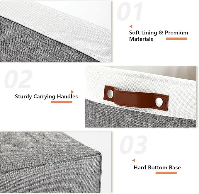 DULLEMELO Large Storage Baskets, Fabric Storage Basket with Leather Handles for Shelves Closet Nursery Toy Storage, Collapsible Fabric Baskets for Toy Book Magazine Towel Organizers(White&Gray)