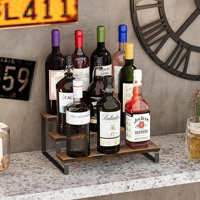 Giikin 3-Tier Spice Rack, 13.8 Inch Wood Step Shelf Countertop Spice Storage Holder, Kitchen Pantry Cabinet Organizer Cupboard for Spice Bottles, Jars, Seasonings, Baking Supplies, Metal Frame