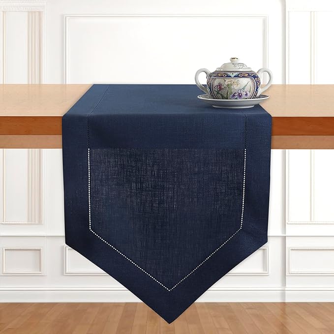D'Moksha Homes Navy Blue Linen Table Runner 72 Inches Long - 100% Pure Linen Diamond Table Runner 14 x 72 Inch for Dining, Fall and Halloween - Machine Washable