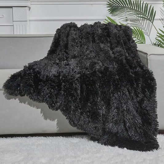GONAAP Fuzzy Faux Fur Throw Blanket Twin Size Black Super Soft Cozy Plush Fuzzy Shaggy Blanket for Couch Sofa Bed (Black, Twin(60"x80"))