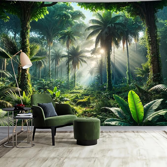 BSFHH Nature Tapestry Forest Tree Sea Cave Wall Hanging, Stream Through Rainforest Landscape Wall Art Tapestry for Bedroom Living room (Rainforest, 79"×59", Unframed)