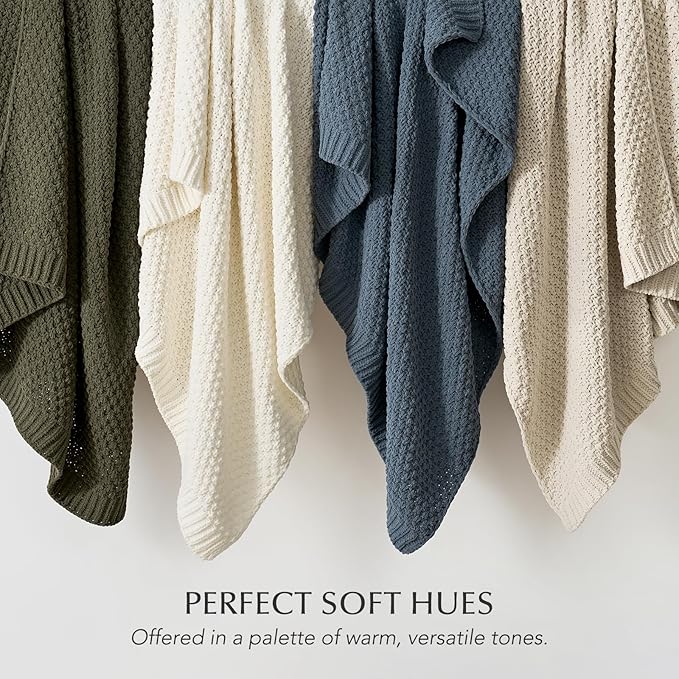 Chunky Chenille Knit Throw Blanket for Couch, Soft Luxurious Moss Stitch Blankets for Bed, Cozy Decorative Farmhouse Knitted Throws for Sofa, Stormy Blue, 50" x 60"