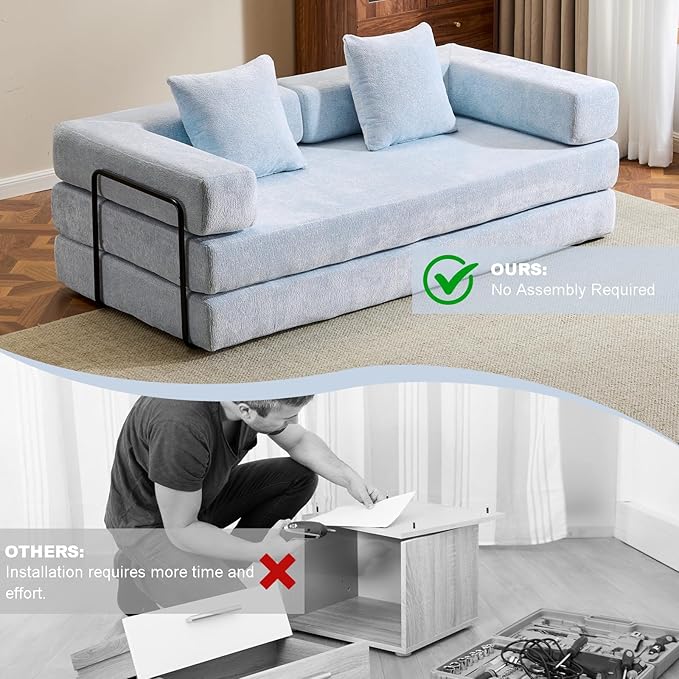 Convertible Sleeper Sofa Bed, Compression Folding Sofa with Pillow, No Assembly Required, Shape Frame, Floor Sofas Lounge Couch for Living Room, Bedroom, Small Spaces(Chenille, 77''W, Light Blue)