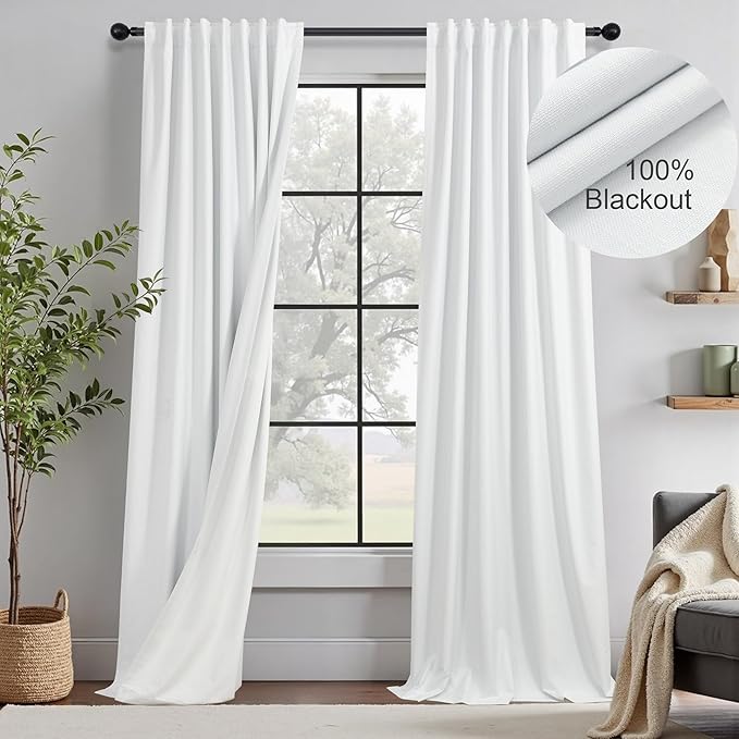 Elegant 100% Blackout White Curtains 144 Inch Long Extra Wide Large 12ft Length Lightweight Linen Textured Thermal Insulating Curtains & Drapes for Living Room Bedroom Window Patio Door Sliding Glass