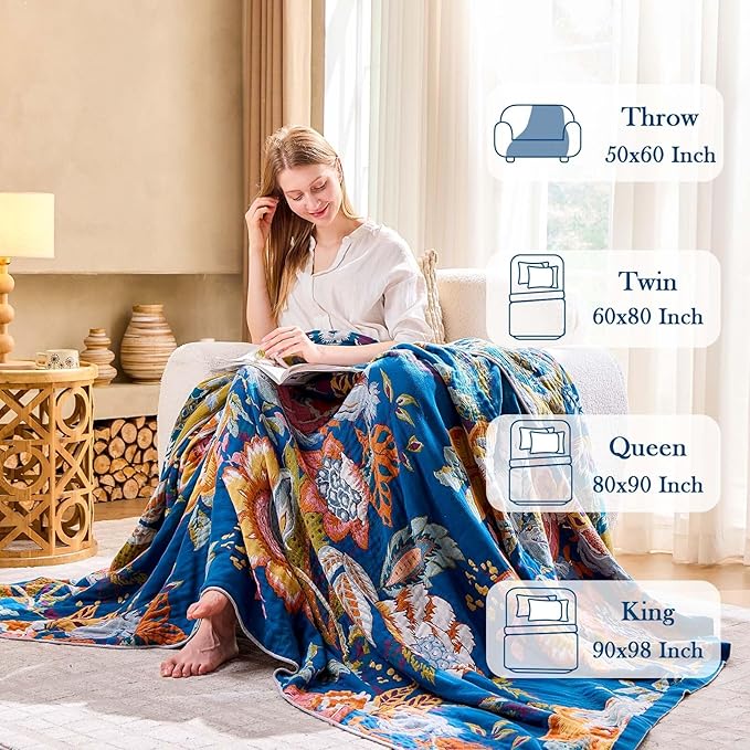 Boho Throw Blanket, Blue Lightweight Blankets for Summer, 100% Cotton Bohemian Decorative Throw Blanket, 60"x80" Reversible Muslin Breathable Woven Farmhouse Blankets Quilt,