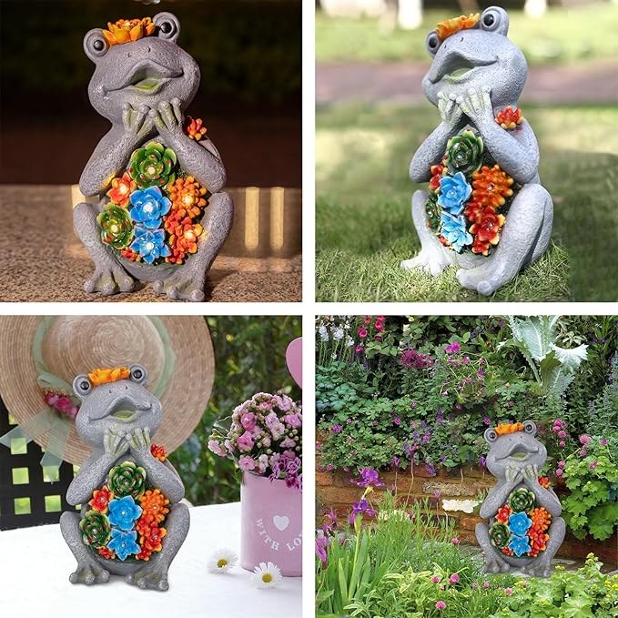 Frog Solar Figurine Light Statue Outdoor Gardening Gifts Decoration Garden Frogs Yard Decor Lamp With 8 Led Lights And Succulent Waterproof Patio Lawn Decor Housewarming Frog Gifts For Women