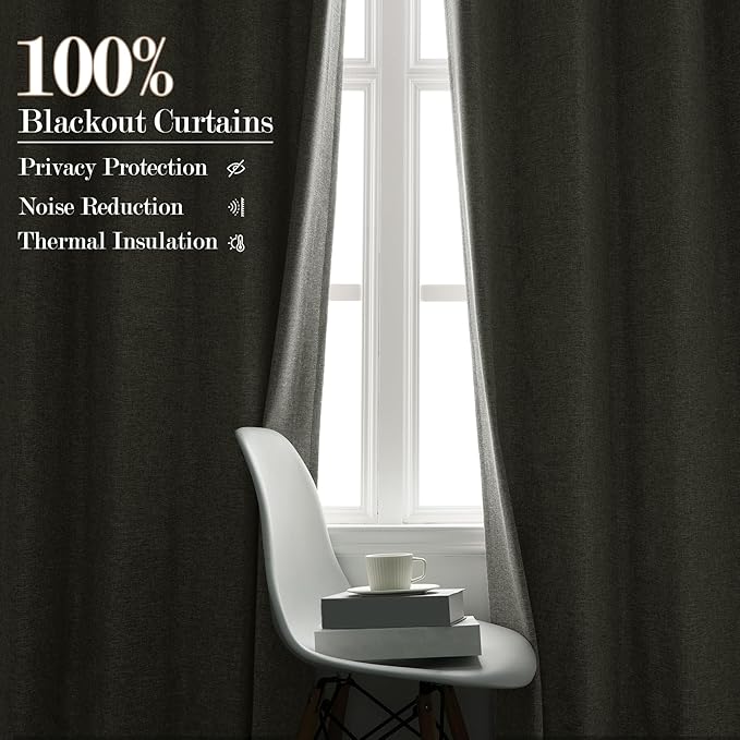 Extra Wide 100% Blackout Linen Textured Curtains - Room Dividers, W150 x L108 (1 Panel), Pinch Pleat Drapes for Living Room, Full Light Block Out Drapery for Sliding Door, Greyish White