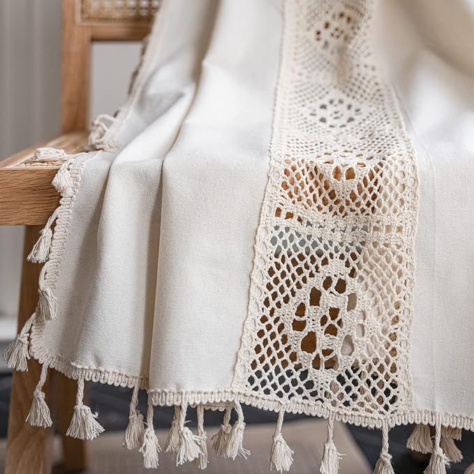 Sutuo Home Boho Curtain Crochet Lace Patchwork Semi-Blackout Bohemian Handmade Tassels, Rod Pocket Window Treatment Vintage Rustic Farmhouse Drapes for Bedroom, 1 Panel 59" W x 96" L, Beige