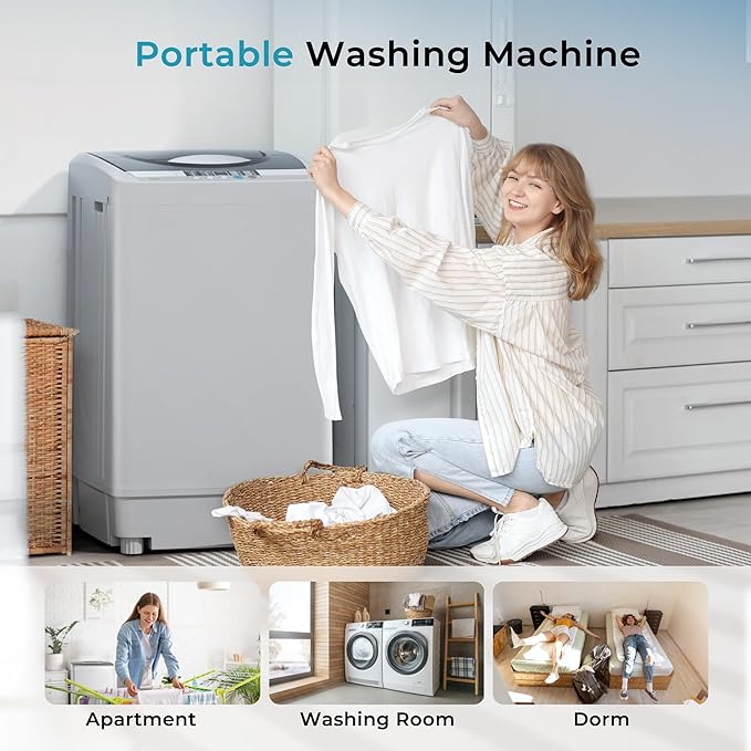 Euhomy 1.59 Cu.Ft. Portable Washing Machine, 11 LBS Capacity, 8 Functions, 8 Water Levels,Full Size Washing Machine with Drain Pump and LED Display for Apartments, RVs, Homes, Gray