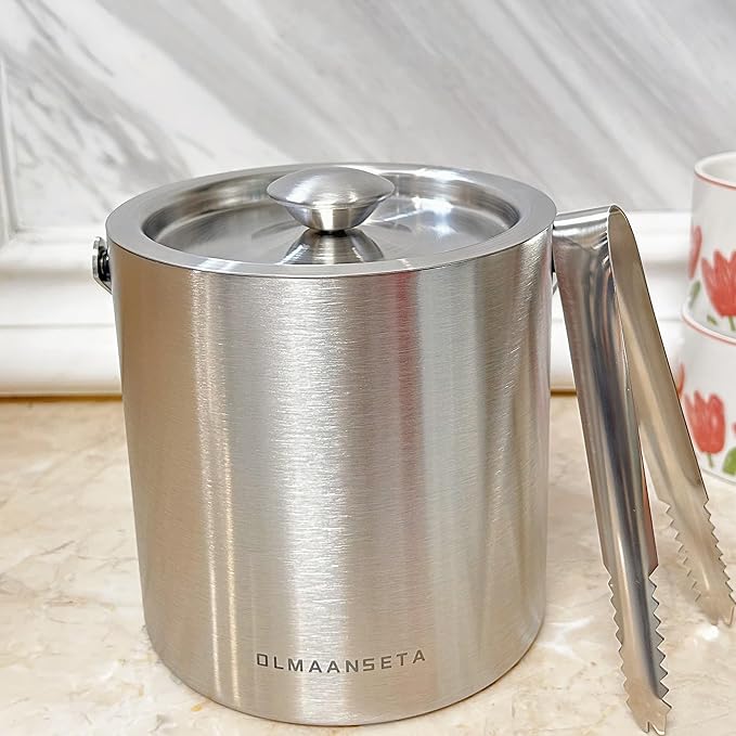 Small Ice Bucket with Lid and Tongs,1.3L Portable Mini Double Walled Ice Cube Bucket for Cocktail Bar Stainless Steel Cute Insulated Ice Buckets for Parties