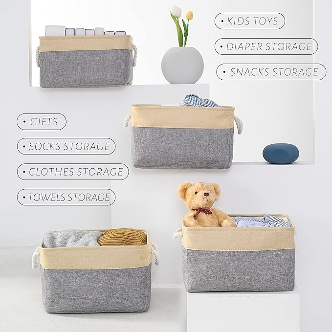 Organization and Storage Basket for Organizing - Large 4 Pack 16x12x8 inch Collapsible Baskets for Shelves Fabric Storage Cube, Storage Bins for Laundry Cloth Books Gift (Gold & Grey)