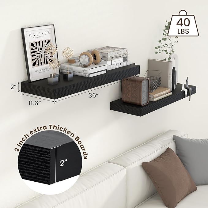 Deep Floating Shelves for Wall, 12'' Deep Large Floating Shelves Set of 2, 36 Inch Distressed Black Wood Shelves for Living Room Bathroom Laundry Room Bedroom Kitchen Home Office - Black