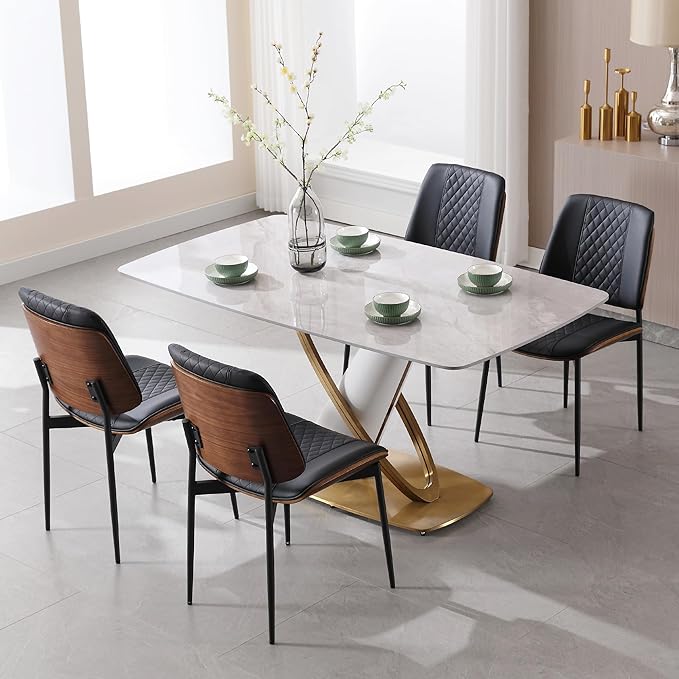 BV Dining Chairs Set of 6, PU Leather Armless Kitchen Chair in Modern Walnut Style, Mid Century Bentwood Side Chair with Metal Legs, Retro Accent Guest Chair for Kitchen Dining Room(Black)