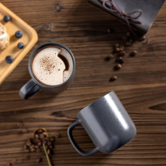 AmorArc 14oz Coffee Mugs Set of 6, Ceramic Coffee Mugs with Large Handle & Wavy Rim for Latte/Hot Cocoa/Tea, Stylish Coffee Cups for Men Women. Oven,Dishwasher&Microwave Safe, Dark Gray