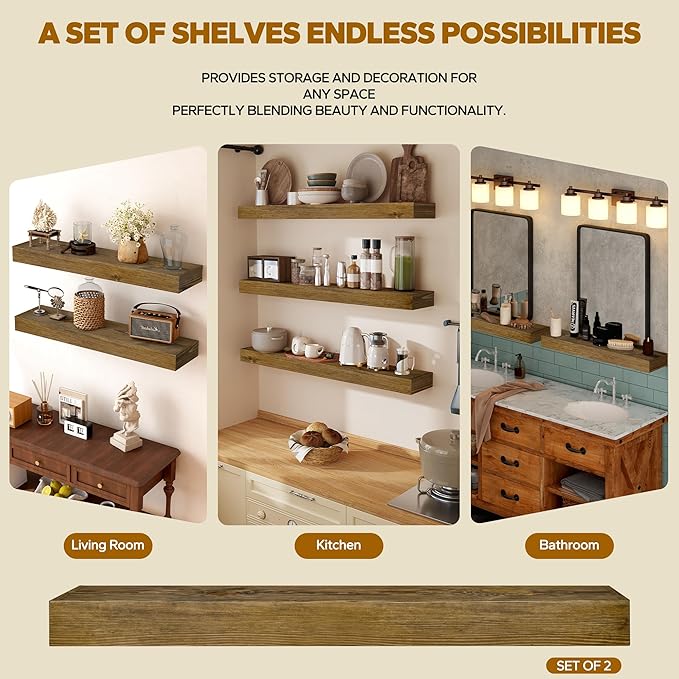 Floating Shelves 3 inch Thick for Wall Set of 2,Solid Pine Wood Wall Mount Shelf for Kitchen Living Room Bedroom Bathroom,8" D x 48" L x 3" H-Black Walnut