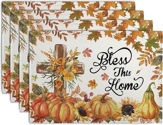 Fall Cross Pumpkin Placemats Set of 4 Autumn Thanksgiving Harvest Sunflower Maple Leaf Orange Linen Table Mats Seasonal Farmhouse Decorative Place Mat for Party Kitchen Dining Decor