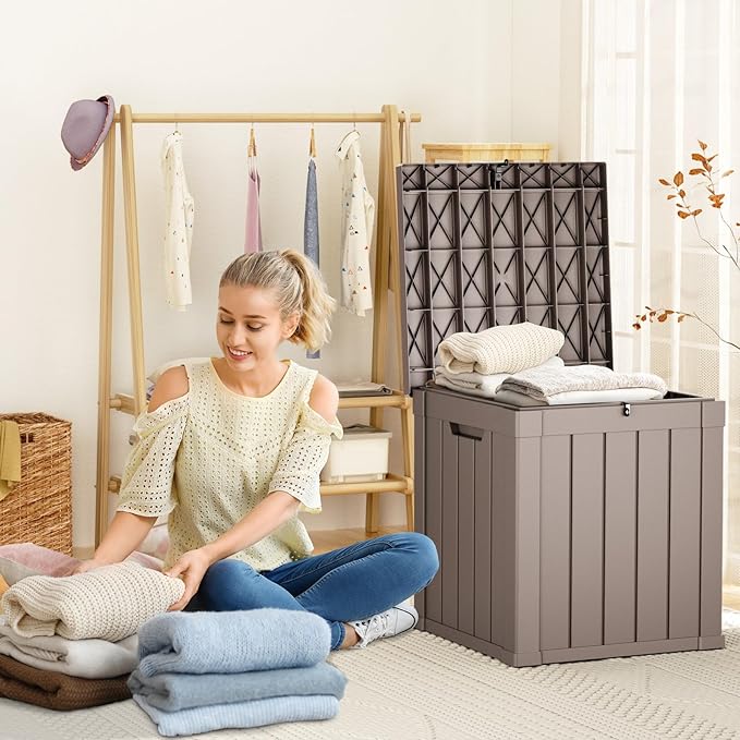 50 Gallon Deck Box Large Outdoor Storage for Patio Furniture,Outdoor Cushions,Garden Tools and Pool Supplies,Waterproof,Resin,Lockable(Grey)