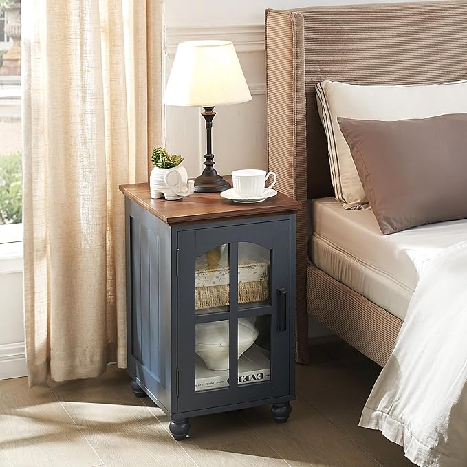 Narrow Side Table,Farmhouse Nightstand with Charging Station,Wood End Table with Glass Barn Door Storage, Cabinet Organizer with Adjustable Shelf, Night Stand for Small Spaces for Living Room Bedroom