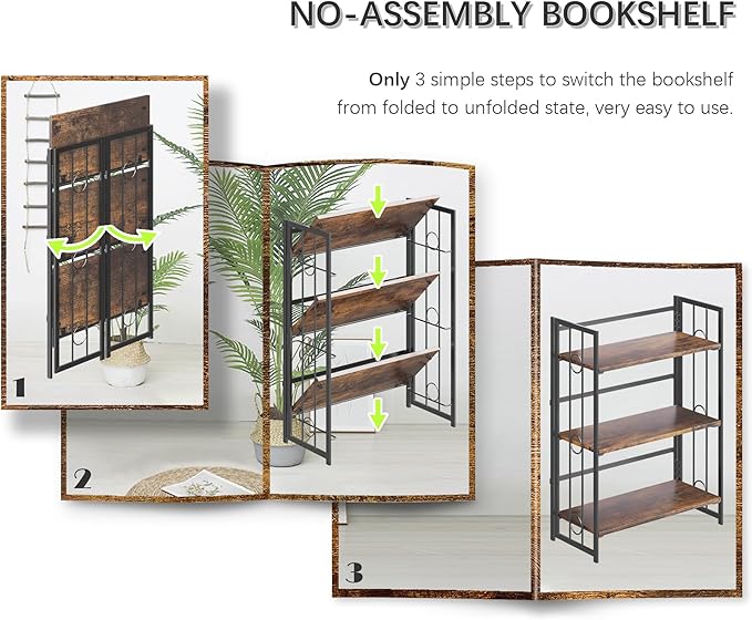 4NM No Assembly 3 Tiers Folding Bookshelf, 35" H Foldable Storage Shelves Vintage Bookcase Standing Racks Study Organizer Home Office - Rustic Brown Black