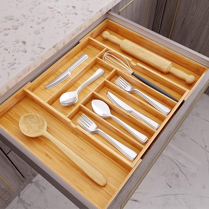 BAMEOS drawer organizer flatware organizer cutlery tray silverware organizer expandable adjustable bamboo drawer organizer kitchen bathroom