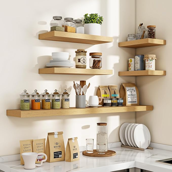 16 Inch Floating Shelves, 3D Textured Wood Grain, 16"x9.25"x1.5" Inch Deep Floating Shelves for Wall, Wooden Shelves for Bathroom, Bedroom, Living Room, Natural