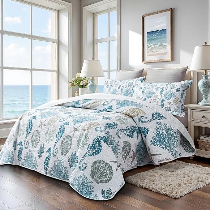 Coastal Bedding California King Size Coastal Quilt with 2 Shams, Nautical Beach Comforter Sets Ocean Bedspreads Blue Seahorse Coverlet Summer Bedding, 106''x118''