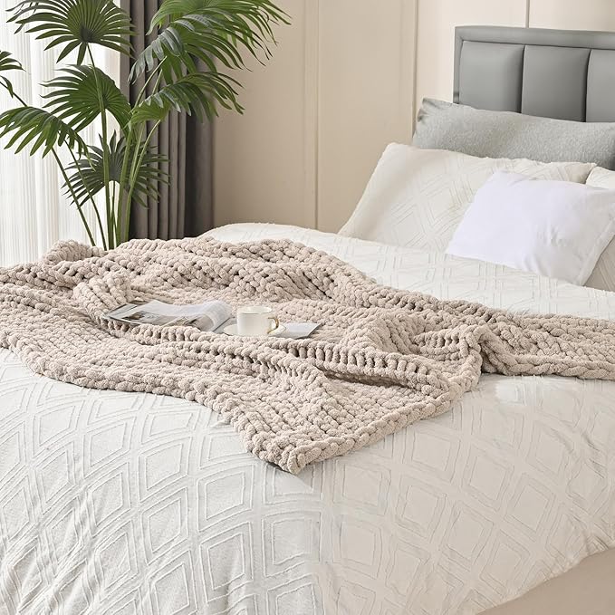 Esterra Chunky Knit Blanket Throw 60"x80", 100% Hand Knitted Chenille Throw Blanket, Cozy Soft Thick Cable Knit Throw Large Rope Knot Crochet Throw Blanket for Sofa Couch Bed, Linen Beige