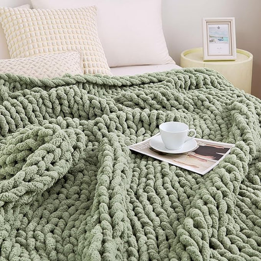 Admitrack Chunky Knit Blanket Throw, 100% Hand Knit Chenille Throw Blanket for Sofa & Home Decor, Soft and Cozy Knitted Throw Blankets (Sage Green，51"x63")
