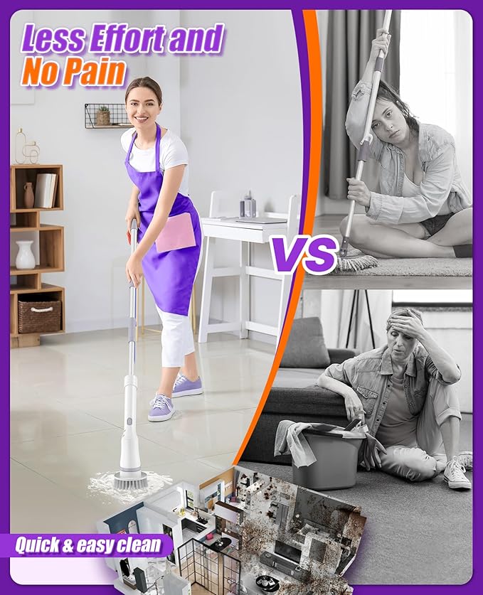 Electric Spin Scrubber, Cordless Shower Scrubber Rotary Floor Brushes & Pad Drivers with 6 Brush Heads - 2H Dual Speed, IPX7 Waterproof Extension Handle for Bathroom Tile Car Cleaning (White)