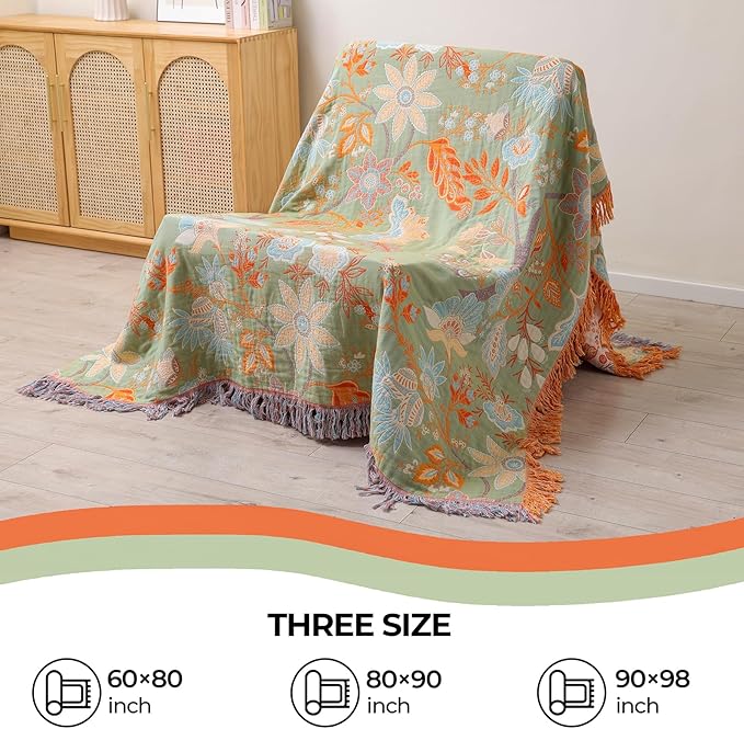 Boho Fall Throw Blanket for Bed，100% Ultra Cotton Soft Breathable Bed Throw Floral Printed Farmhouse Decor Rustic Bed Throws for Couch Sofa Quilt 90" x 98"-Orange& Sage Green