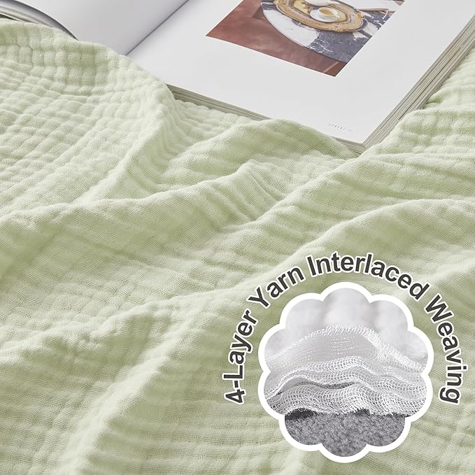 EMME Cotton Throw Blanket for Couch Soft Muslin Blankets 50"x60" Lightweight Breathable Blanket All Season Gauze Blanket, Mint Green