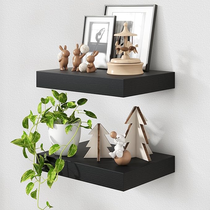 Black Deep Floating Shelves for Wall | 16 Inch Wide x 12 Inch Deep Floating Shelves Set of 2 | Rustic Wood Wide Wall Shelves | Bookshelf Laundry Shelf TV Shelf