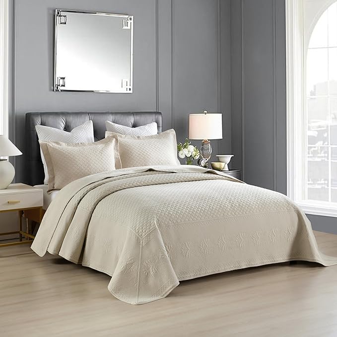 MarCielo 3-Piece 100% Cotton Oversized Bedspread Lightweight Quilt Coverlet Embroidery Farmhouse Bedding Set (TM Khaki Beige, Oversized Queen (100"x106"))