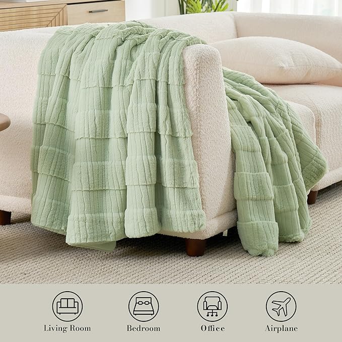 Amélie Home Luxury Striped Faux Fur Throw Blanket for Couch, Embossed Split Fur Cozy Fuzzy Fluffy Luxurious Soft Plush Sofa Chair Bed Gift Blankets for Women Men Wife Friend, 55"x70", Sage Green